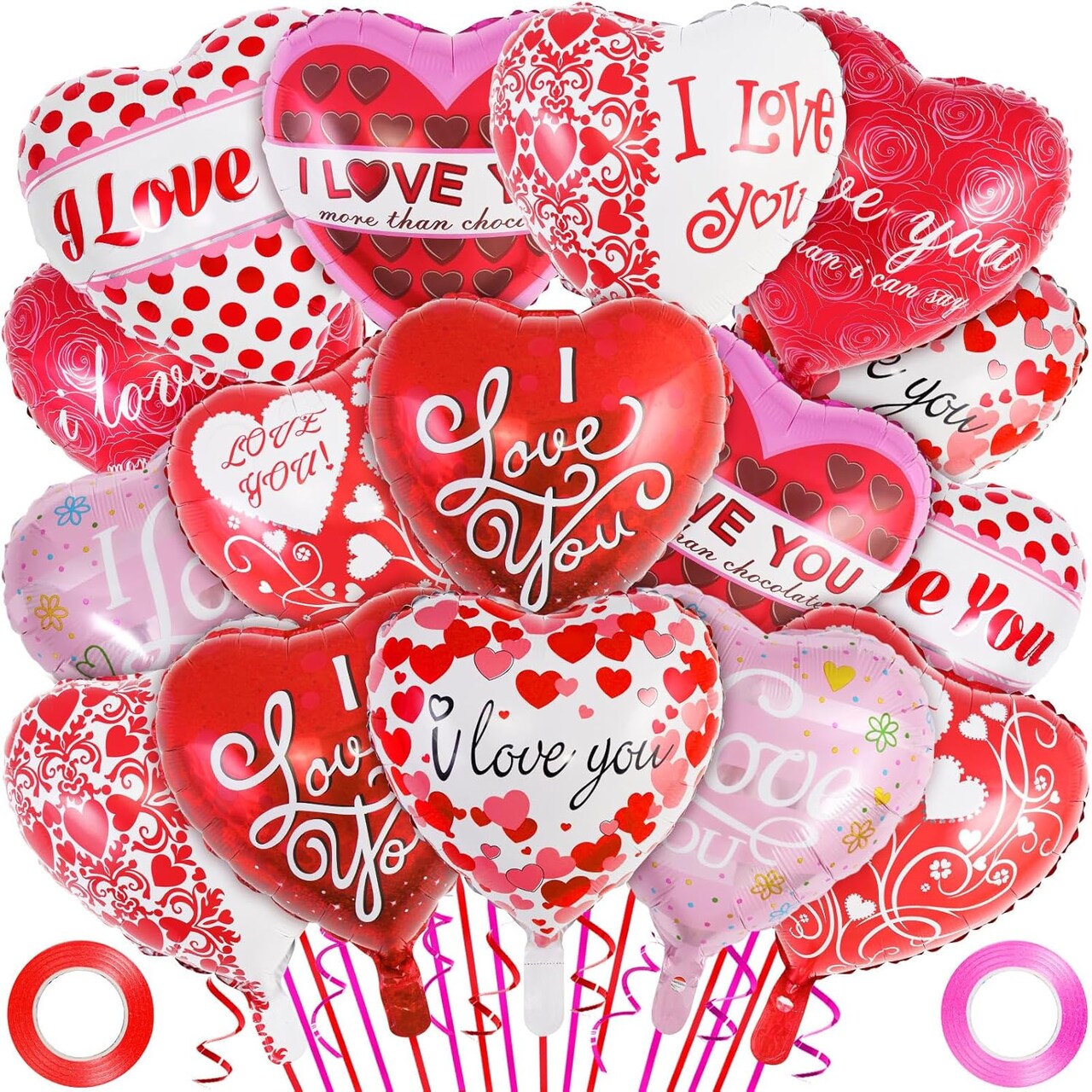 Red Heart Valentine Balloons – 16 Pcs ‘I Love You’ Foil Mylar Balloons for Happy Valentine’s Day Romantic Party Decorations